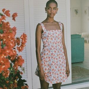 COCO SHOP Red Bougainvillea Curved Hem Mini Dress